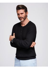 Ombre Clothing - Prążkowany sweter męski z guzikami przy dekolcie - czarny V2. Kolor: czarny. Materiał: prążkowany. Styl: elegancki #4