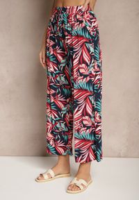 Renee - Granatowo-Czerwone Spodnie z Bawełny o Szerokim Kroju High Waist w Liście Edirive. Okazja: na spotkanie biznesowe. Stan: podwyższony. Kolor: niebieski. Materiał: bawełna. Sezon: lato. Styl: biznesowy, klasyczny, elegancki