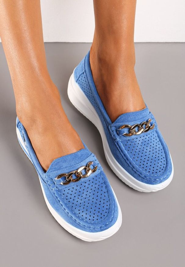 Born2be - Niebieskie Mokasyny z Łańcuszkiem i Platformą Grimenna. Kolor: niebieski. Materiał: jeans. Sezon: wiosna. Obcas: na platformie. Styl: elegancki