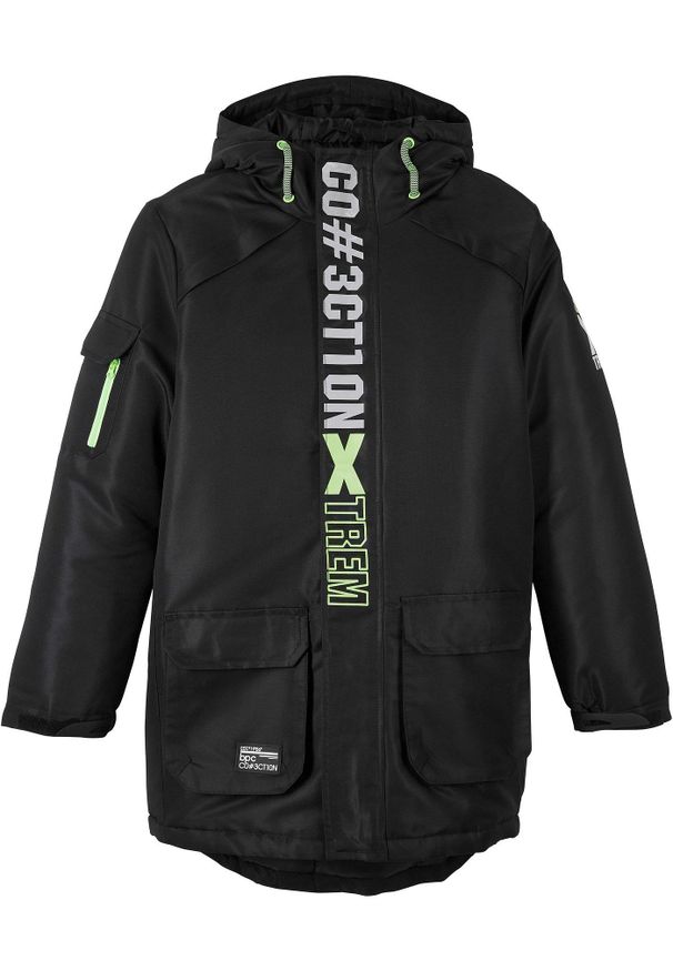 bonprix - Kurtka zimowa z kapturem i sportowymi detalami. Typ kołnierza: kaptur. Kolor: czarny. Wzór: nadruk, napisy. Sezon: zima. Styl: sportowy