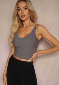 Renee - Ciemnoszary Tank Top w Prążki z Regulacją Ramiączek Meriann. Typ kołnierza: dekolt w łódkę. Kolor: szary. Materiał: jeans. Długość rękawa: na ramiączkach. Wzór: prążki #2