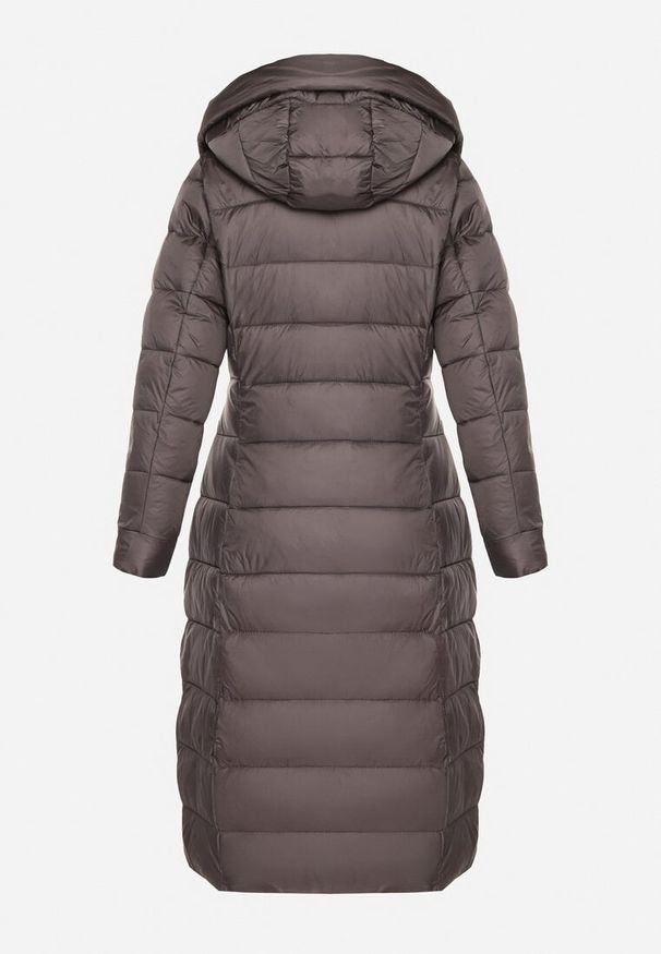 Born2be - Szara Długa Pikowana Kurtka Płaszcz z Kapturem i Ozdobnymi Suwakami Vlemika. Typ kołnierza: kaptur. Kolor: szary. Długość: długie