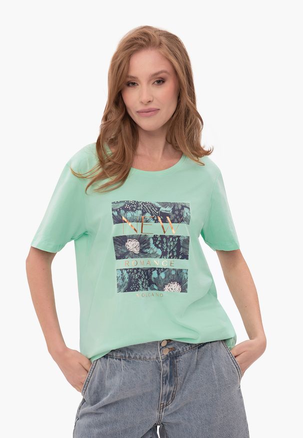 Volcano - Koszulka z printem, Comfort Fit, T-ROMANCE. Kolor: miętowy. Materiał: tkanina, elastan, bawełna. Długość rękawa: krótki rękaw. Długość: krótkie. Wzór: nadruk