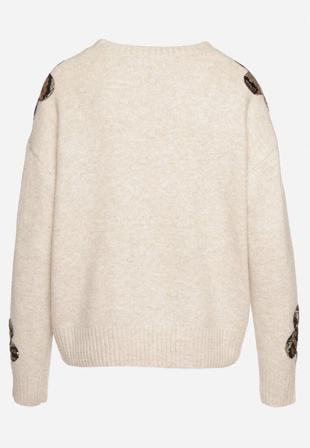 Born2be - Beżowy Sweter z Kwiatowymi Naszywkami i Cekinami Ciadora. Okazja: na co dzień. Kolor: beżowy. Materiał: jeans. Wzór: aplikacja, kwiaty. Styl: casual, elegancki