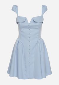 Born2be - Niebieska Rozkloszowana Sukienka z Ozdobnym Dekoltem i Guzikami Salasesia. Okazja: na co dzień. Typ kołnierza: dekolt kwadratowy. Kolor: niebieski. Styl: elegancki, casual