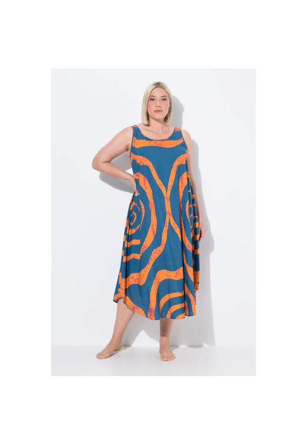 ULLA POPKEN - Damskie Sukienka midi koła krój trapezowy okrągły dekolt bez rękawów. Kolekcja: plus size. Kolor: niebieski. Materiał: wiskoza, materiał. Długość rękawa: bez rękawów. Typ sukienki: trapezowe. Styl: sportowy. Długość: midi