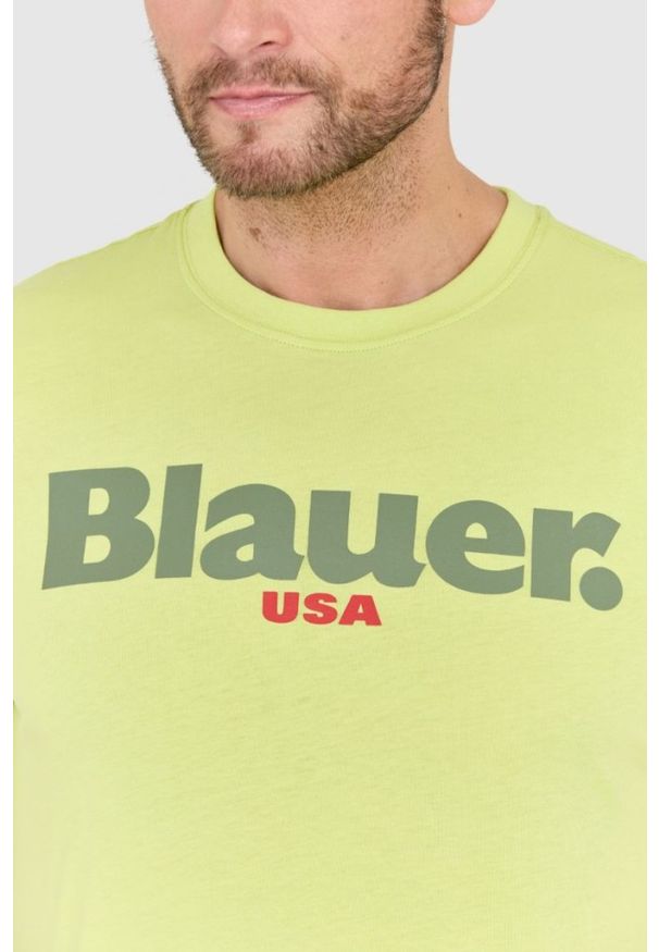 Blauer USA - BLAUER Zielony męski t-shirt z dużym logo. Kolor: zielony