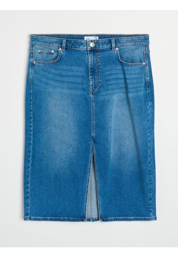 Sinsay - Jeansowa spódnica midi z rozcięciem plus size - niebieski. Kolekcja: plus size. Kolor: niebieski. Materiał: jeans