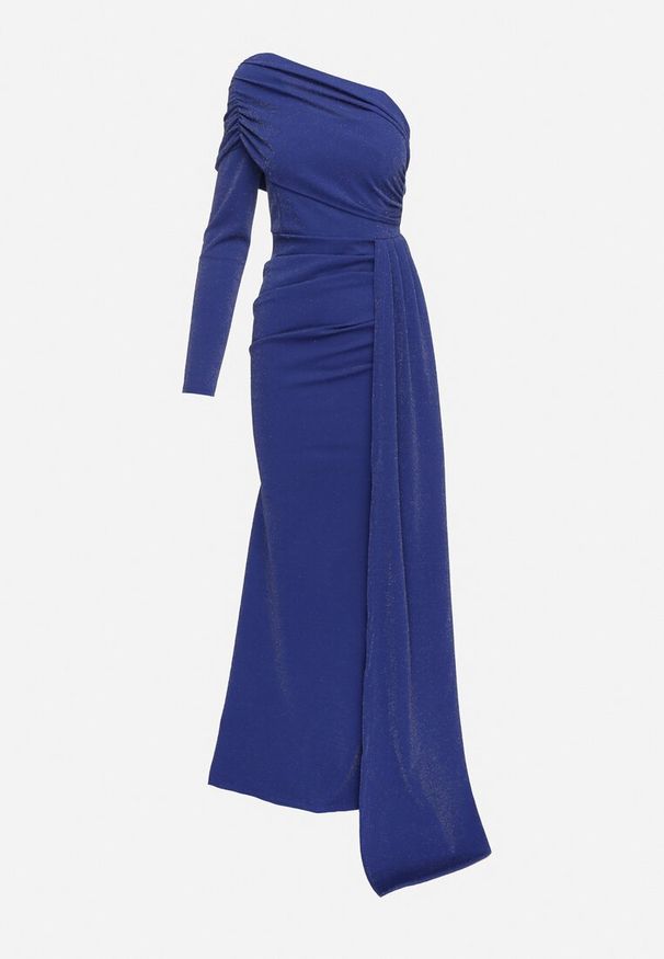 Born2be - Granatowa Asymetryczna Sukienka Koktajlowa Ozdobiona Metaliczną Nicią i Trenem Emarielin. Kolor: niebieski. Długość rękawa: długi rękaw. Wzór: aplikacja. Typ sukienki: asymetryczne. Styl: wizytowy. Długość: maxi