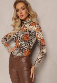 Renee - Beżowa Siateczkowa Bluzka Ozdobiona Błyszczącą Nitką i Abstrakcyjnym Nadrukiem Elemetta. Kolor: beżowy. Materiał: materiał. Wzór: aplikacja, nadruk #3