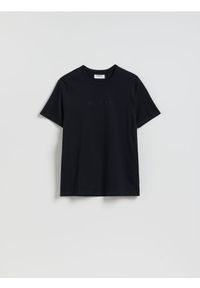 Reserved - T-shirt slim fit z nadrukiem - czarny. Kolor: czarny. Materiał: dzianina, bawełna. Wzór: nadruk #1