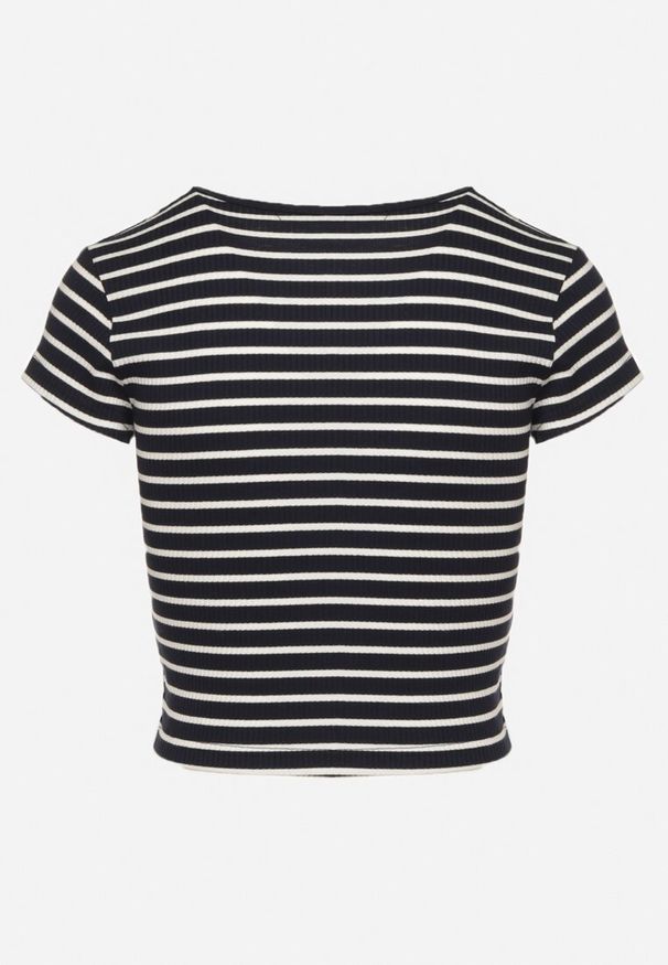 Born2be - Granatowo-Biały Bawełniany T-shirt Prążkowany o Krótkim Kroju Quedara. Okazja: na co dzień. Kolor: niebieski. Materiał: bawełna, prążkowany. Długość: krótkie. Styl: casual, klasyczny