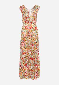 Born2be - Żółto-Czerwona Sukienka Maxi z Trójkątnym Dekoltem i Kwiatowym Motywem z Falbanką Moraila. Typ kołnierza: dekolt w serek. Kolor: żółty. Wzór: kwiaty. Sezon: wiosna, lato. Długość: maxi #7