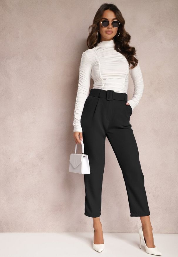 Renee - Czarne Spodnie Garniturowe High Waist z Paskiem Wenus. Okazja: na spotkanie biznesowe, na co dzień. Stan: podwyższony. Kolor: czarny. Materiał: tkanina, materiał. Wzór: jednolity, gładki. Styl: casual, elegancki, biznesowy