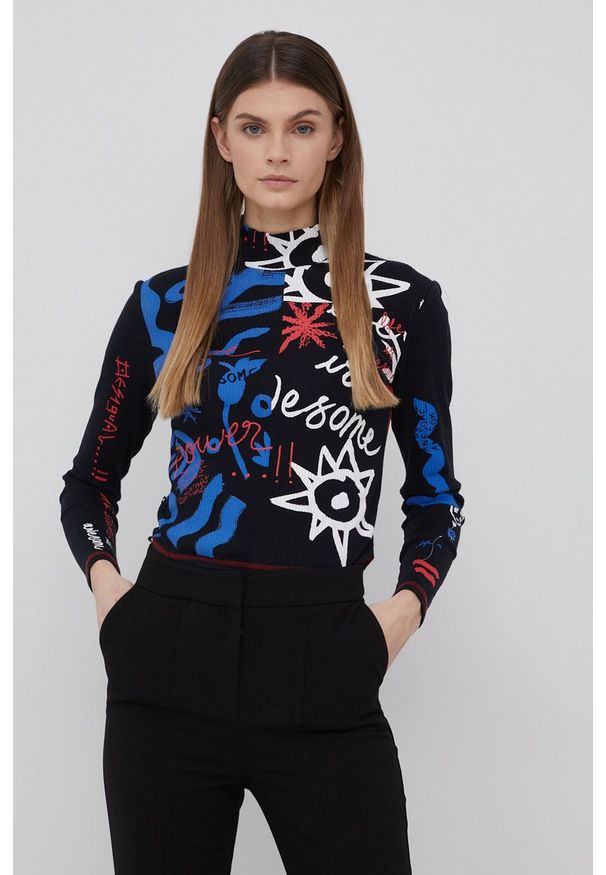 Desigual longsleeve 22SWTKAY damski kolor czarny z półgolfem. Kolor: czarny. Materiał: bawełna, dzianina. Długość rękawa: długi rękaw