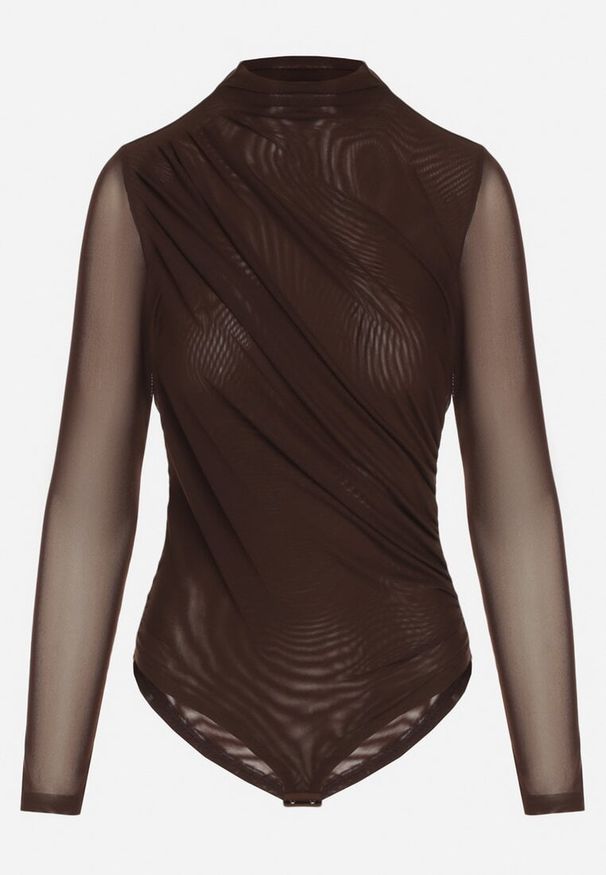 Born2be - Brązowe Siateczkowe Body z Dodatkiem Wiskozy z Długim Rękawem i Stójką Lianasia. Okazja: na co dzień. Typ kołnierza: kołnierzyk stójkowy. Kolor: brązowy. Materiał: wiskoza. Długość rękawa: długi rękaw. Długość: długie. Styl: casual