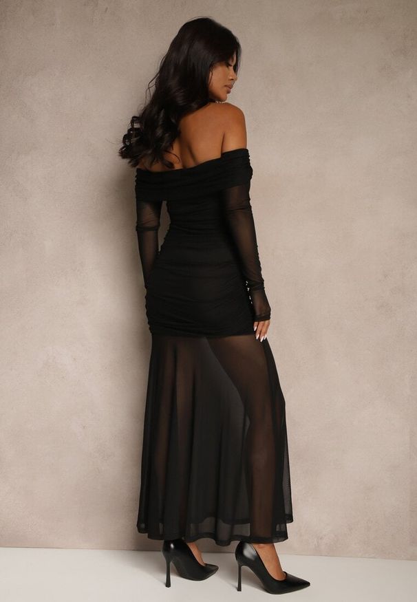 Renee - Czarna Koktajlowa Sukienka z Prześwitującymi Rękawami i Marszczeniem Haludea. Okazja: na imprezę. Kolor: czarny. Styl: wizytowy