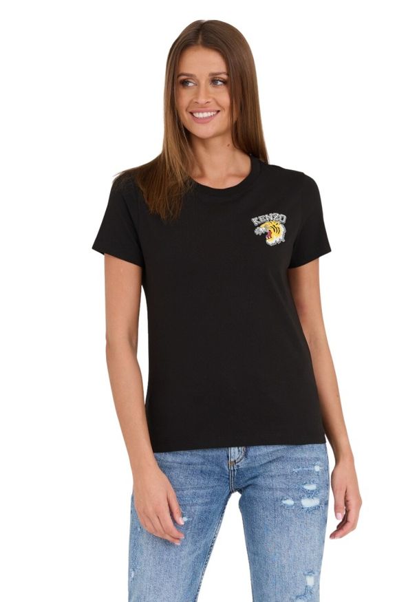 Kenzo - KENZO Czarny damski t-shirt WITH 'TIGER VARSITY' PRINT, Rozmiar XS. Kolor: czarny. Wzór: nadruk