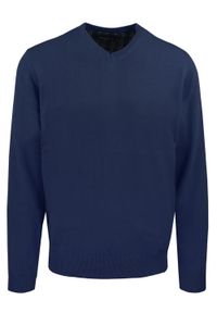 Męski, Bawełniany Sweter w Serek (V-neck) - Adriano Guinari - Granat. Okazja: na spotkanie biznesowe, do pracy, na co dzień. Typ kołnierza: dekolt w serek. Kolor: niebieski. Materiał: bawełna. Styl: elegancki, casual, klasyczny, biznesowy #1