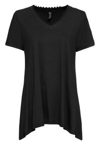 T-shirt z dłuższymi bokami bonprix czarny. Kolor: czarny. Materiał: koronka. Długość: długie. Wzór: koronka #1