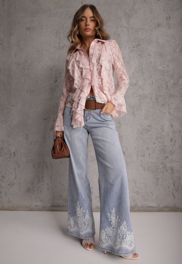 Renee - Różowa Wiskozowa Koronkowa Koszula z Bawełną i Falbanami Oraeno. Kolor: różowy. Materiał: wiskoza, bawełna, koronka