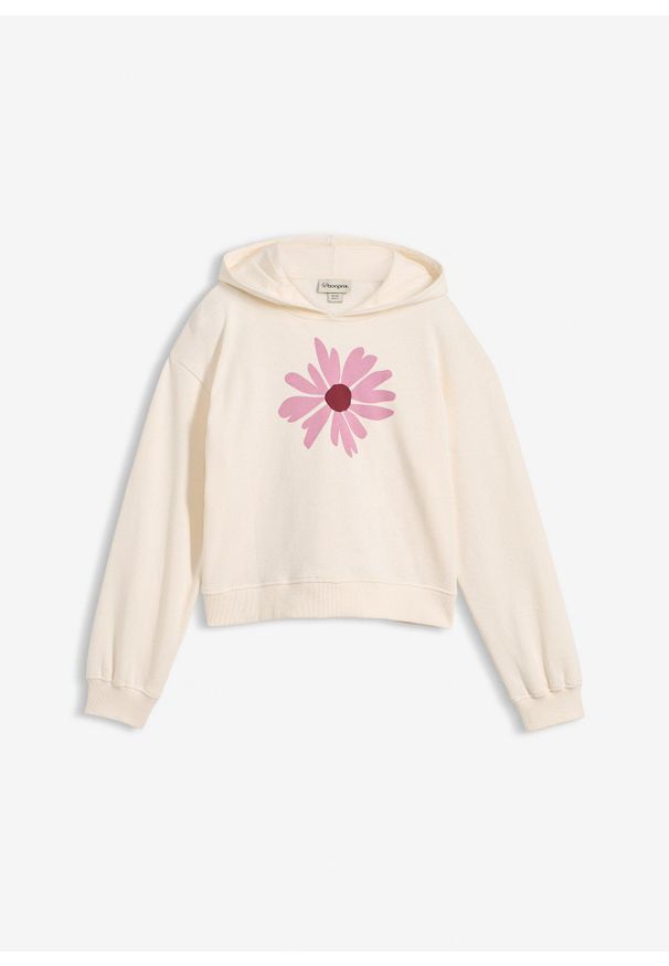 bonprix - Krótka bluza z kapturem, z czystej bawełny organicznej. Okazja: na co dzień. Typ kołnierza: kaptur. Kolor: biały. Materiał: bawełna. Długość: krótkie. Wzór: nadruk, kwiaty. Styl: casual
