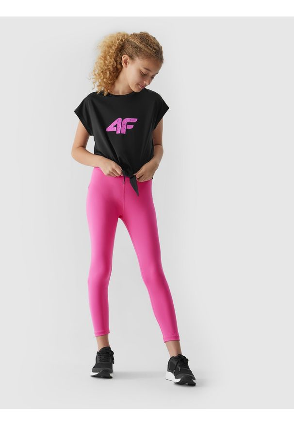 4F JUNIOR - Legginsy sportowe szybkoschnące dziewczęce. Kolor: różowy. Materiał: skóra, włókno. Styl: sportowy