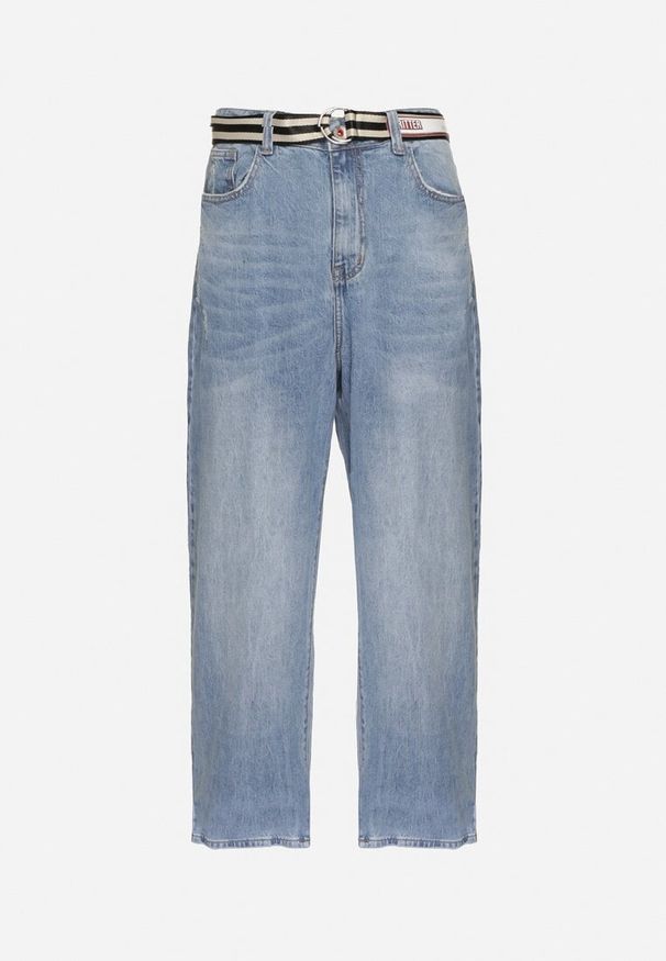 Born2be - Niebieskie Szerokie Jeansy z Bawełny Ozdobione Paskiem Lerillis. Okazja: na co dzień. Kolor: niebieski. Wzór: aplikacja. Styl: elegancki, casual