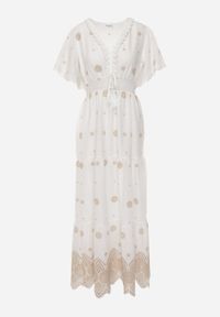 Born2be - Beżowa Bawełniana Sukienka Boho Zdobiona Etno Haftem i Chwostami Metona. Okazja: na spacer, na co dzień. Kolor: beżowy. Materiał: bawełna. Wzór: aplikacja, haft. Typ sukienki: proste. Styl: etno, boho #4