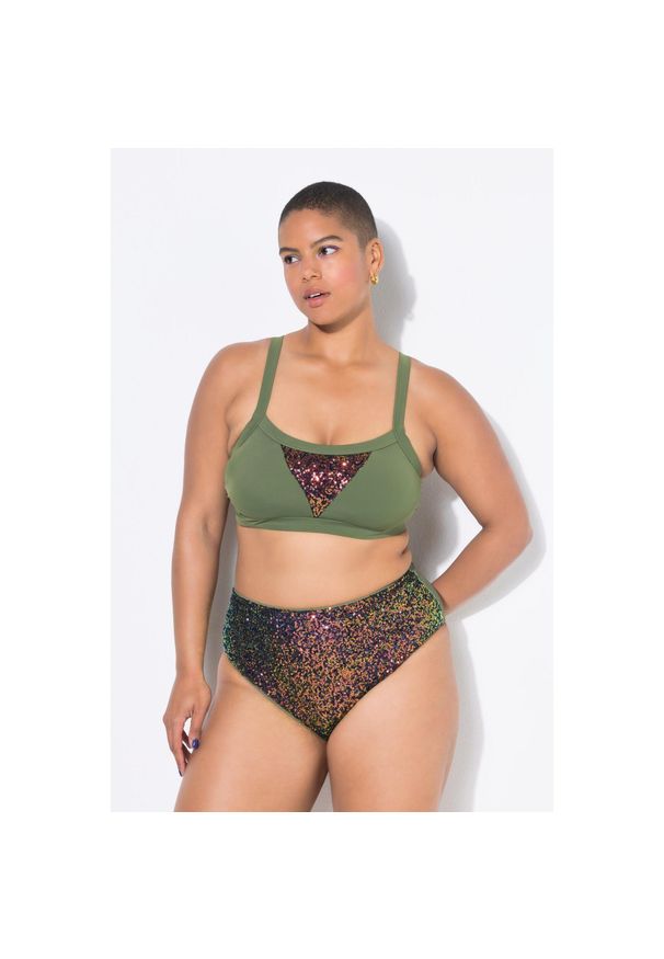 ULLA POPKEN - Damski Top bikini miękkie miseczki cekiny. Kolekcja: plus size. Kolor: zielony. Materiał: poliester, elastan, poliamid, materiał