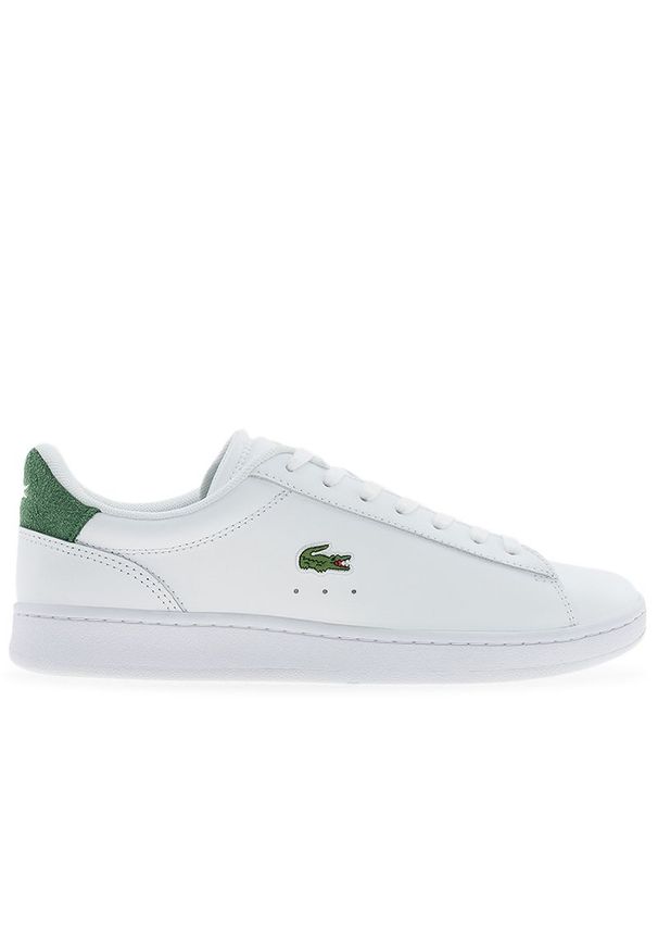 Buty męskie Lacoste Carnaby Set 224 1 SMA 748SMA0011-1R5 - białe. Okazja: na co dzień. Zapięcie: sznurówki. Kolor: biały. Materiał: guma, skóra. Szerokość cholewki: normalna. Wzór: aplikacja