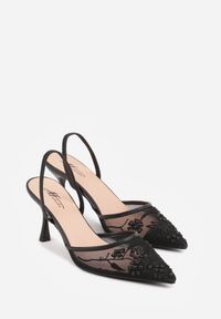Renee - Czarne Transparentne Sandały na Szpilce Ozdobione Koronką Thetune. Okazja: na randkę. Kolor: czarny. Materiał: koronka. Wzór: aplikacja, koronka. Obcas: na szpilce #4