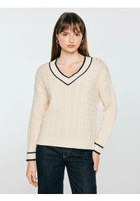 Big-Star - sweter damski bawełniany z dekoltem v-neck kremowy calia 103. Kolor: kremowy. Materiał: bawełna. Wzór: ze splotem, jednolity #3