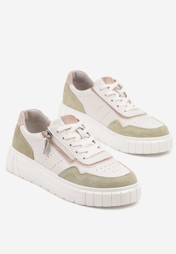 Born2be - Biało-Zielone Sneakersy Skórzane z Ozdobnym Suwakiem Tillirella. Okazja: na co dzień. Zapięcie: sznurówki. Kolor: biały. Materiał: skóra