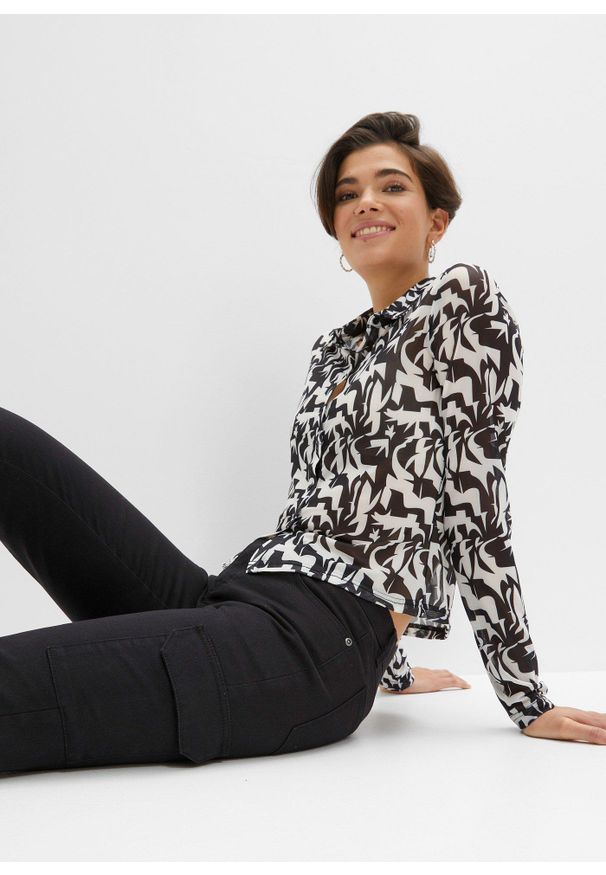 bonprix - Spodnie rybaczki bojówki z elastycznej mieszanki bawełny. Kolor: czarny. Materiał: bawełna