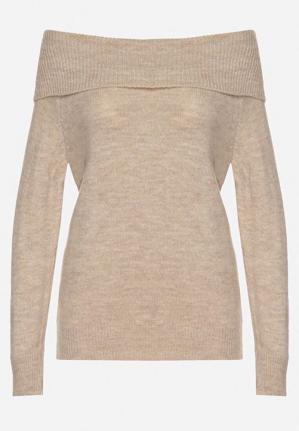 Born2be - Beżowy Sweter z Wywiniętym Dekoltem Parira. Kolor: beżowy. Długość rękawa: długi rękaw. Długość: długie. Wzór: aplikacja, bez wzorów. Styl: elegancki