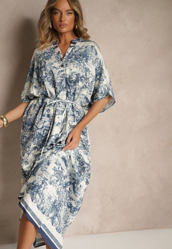 Renee - Niebieska Sukienka Oversize z Wiskozą i Abstrakcyjnym Motywem Lunisana. Okazja: na co dzień. Kolor: niebieski. Materiał: wiskoza. Typ sukienki: oversize. Styl: casual, elegancki