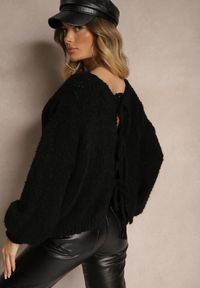 Renee - Czarny Kardigan z Wełną Bawełną i Wiskozą Ozdobiony Wiązaniem Lilassea. Typ kołnierza: dekolt w serek. Kolor: czarny. Materiał: bawełna, wiskoza, wełna. Wzór: aplikacja. Styl: klasyczny, elegancki #3