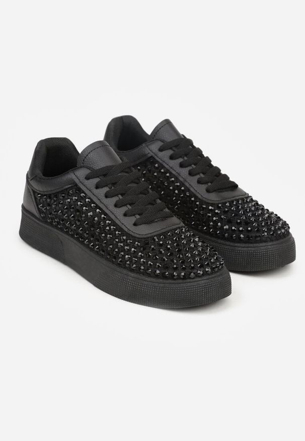 Born2be - Czarne Sneakersy na Grubej Podeszwie Ozdobione Cyrkoniami Ilaronis. Okazja: na co dzień. Kolor: czarny. Materiał: jeans, dresówka. Wzór: aplikacja