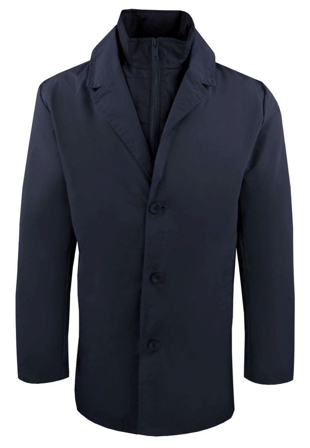 Krótki, Męski Płaszcz Przejściowy z Wysokim Kołnierzem - Brave Soul - Granatowy. Kolor: niebieski. Materiał: poliester. Długość: krótkie. Sezon: wiosna, jesień
