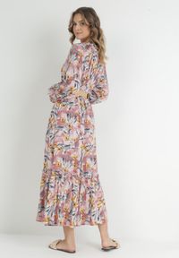 Born2be - Ciemnoróżowa Koszulowa Sukienka Maxi w Kwiaty z Paskiem Bophin. Kolor: różowy. Wzór: kwiaty. Typ sukienki: koszulowe. Długość: maxi