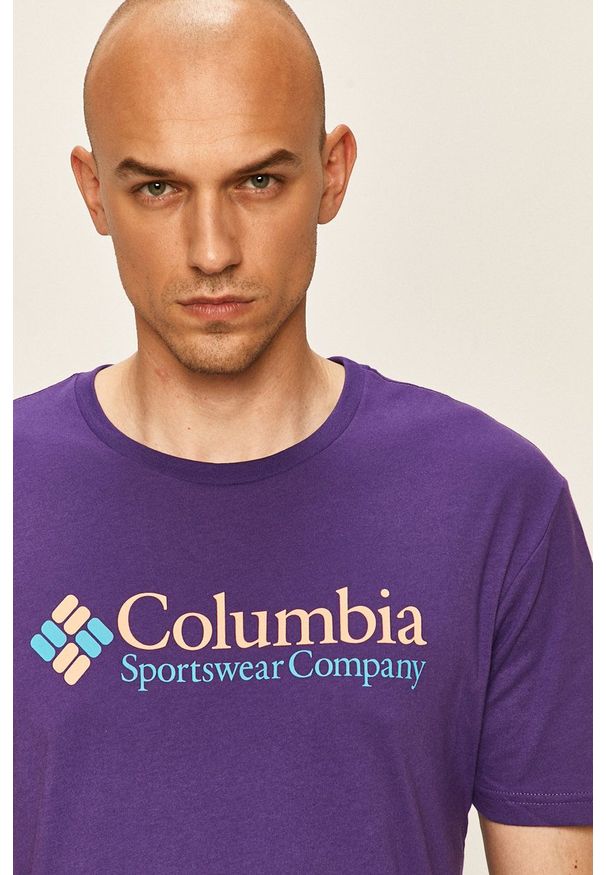 columbia - Columbia - T-shirt. Okazja: na co dzień. Kolor: fioletowy. Materiał: dzianina. Wzór: nadruk. Styl: casual