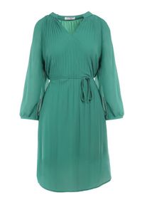 Born2be - Zielona Sukienka z Paskiem Yiridi. Kolor: zielony. Długość rękawa: długi rękaw. Typ sukienki: trapezowe. Długość: midi #3