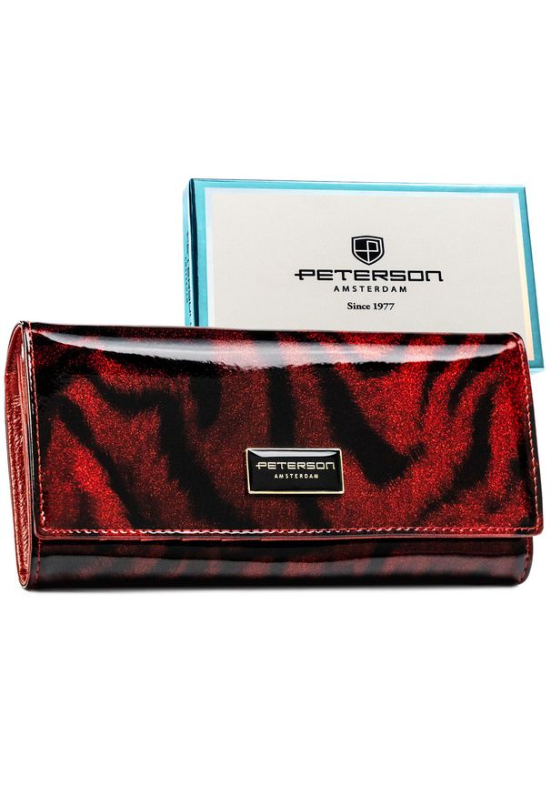 Lakierowany, czerwony portfel damski ze skóry naturalnej i ekologicznej w zwierzęcy wzór PTN PS401-TDS Peterson. Kolor: czerwony. Materiał: lakier. Wzór: motyw zwierzęcy