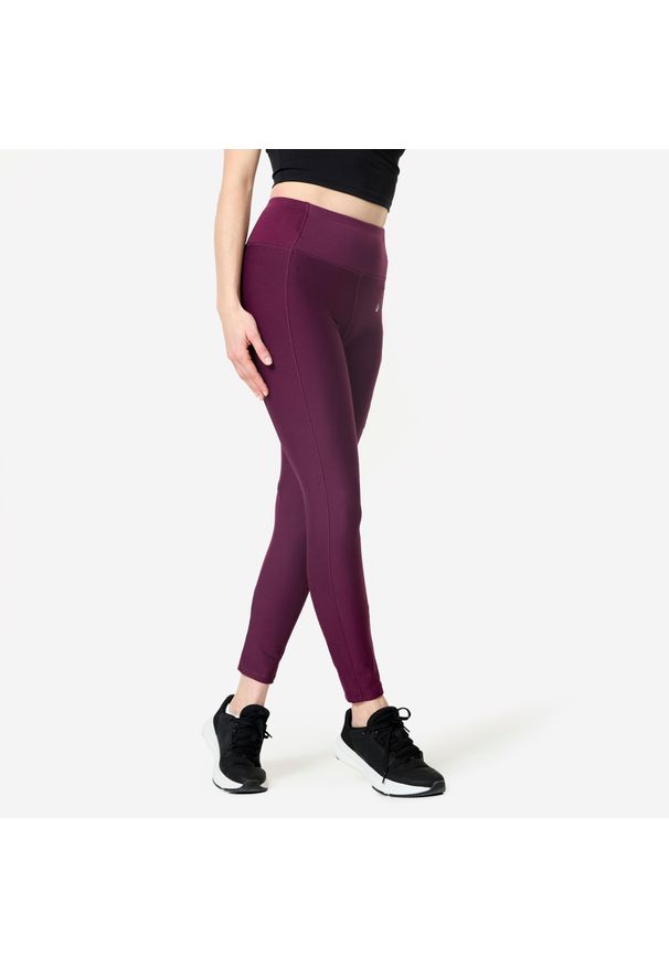 DOMYOS - Legginsy fitness damskie Domyos. Stan: podwyższony. Kolor: fioletowy. Materiał: elastan, poliester, materiał. Sport: fitness
