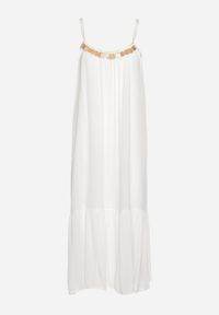 Born2be - Biała Wiskozowa Sukienka z Ramiączkami Zdobiona Cekinami i Metaliczną Nitką Comalara. Okazja: na co dzień, na imprezę. Typ kołnierza: dekolt w serek. Kolor: biały. Materiał: wiskoza. Długość rękawa: na ramiączkach. Wzór: aplikacja. Styl: casual #5