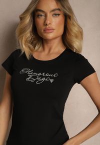 Renee - Czarny Bawełniany T-shirt Ozdobiony Napisem Melsemi. Okazja: na co dzień. Kolor: czarny. Materiał: bawełna. Wzór: aplikacja, napisy. Styl: klasyczny, casual, elegancki #3