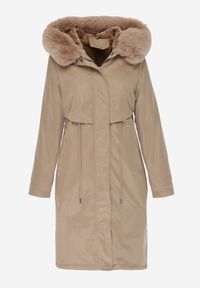 Born2be - Beżowa Kurtka za Kolano ze Ściągaczem i Kapturem z Futerkiem Adoresa. Okazja: na co dzień. Kolor: beżowy. Materiał: futro. Styl: casual #4