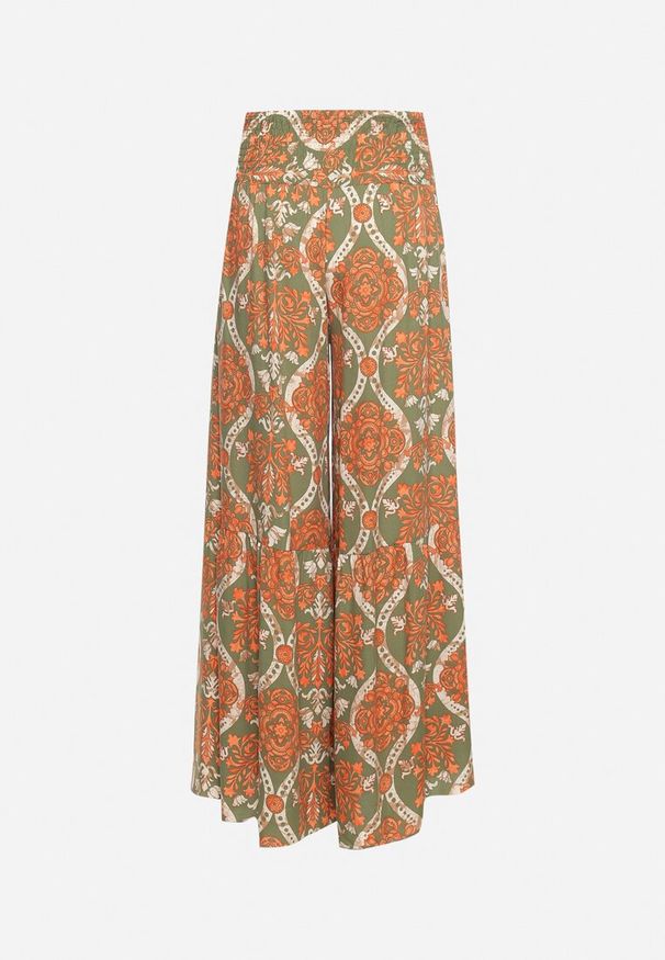 Born2be - Zielono-Pomarańczowe Szerokie Spodnie Wiskozowe z Wysokim Stanem w Ornamentalny Print Zlamelia. Stan: podwyższony. Kolor: zielony. Materiał: wiskoza. Długość: długie. Wzór: nadruk. Styl: elegancki