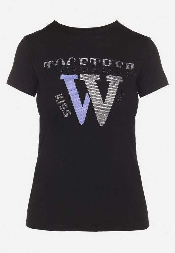 Born2be - Czarny T-shirt z Bawełny Ozdobiony Napisem i Cyrkoniami Raltebis. Okazja: na co dzień. Kolor: czarny. Materiał: bawełna. Wzór: aplikacja, napisy. Sezon: lato, wiosna. Styl: klasyczny, casual